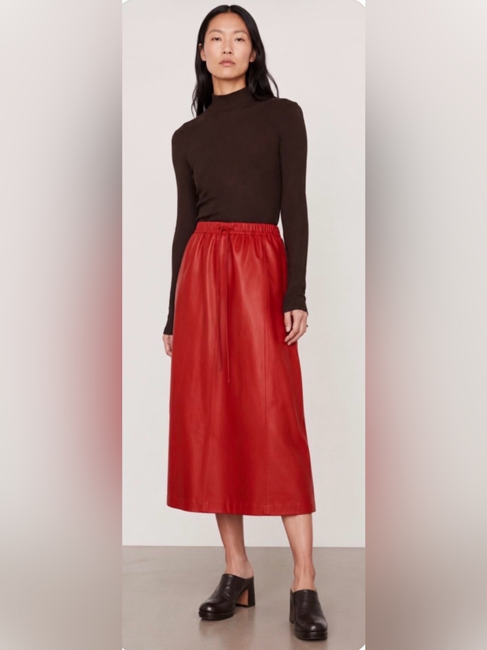 Alysi Leather Midi Skirt Sz 2 Orange A-line Elastic Waist Quiet Luxury Minimalis